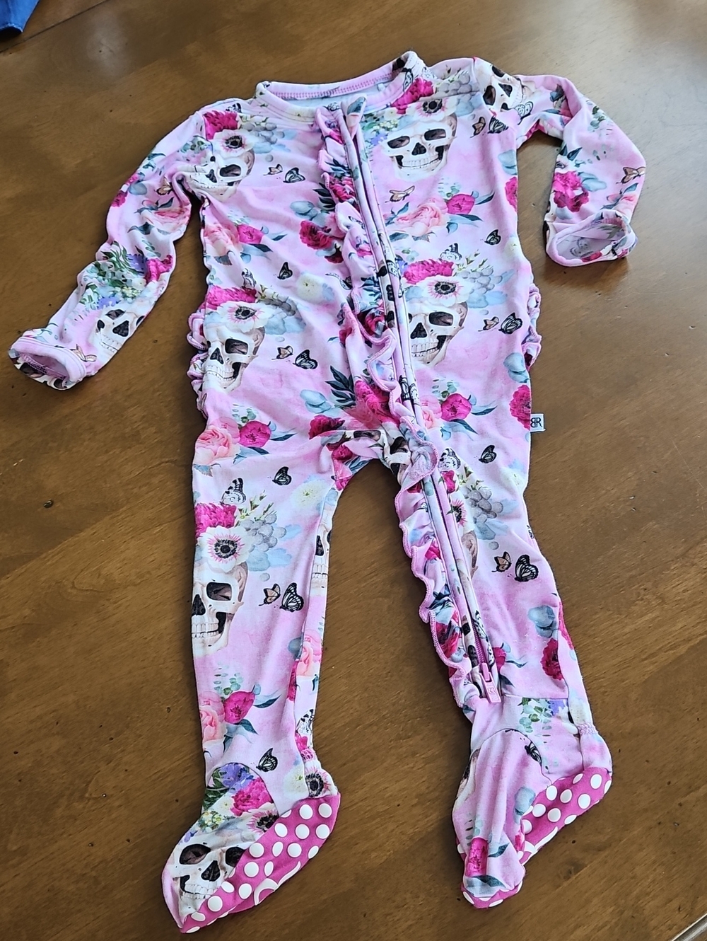Bumsand Roses Baby Girl Pink Floral Skull Ruffle Footed One-Piece